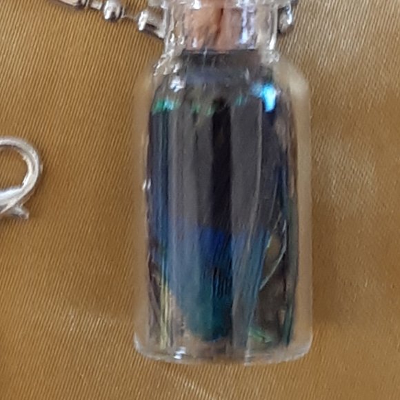 Peacock Feather Glass Bottle Necklace Buddha Hand Lotus Dream Zip Pull Handmade - Picture 11 of 15